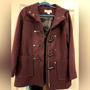 LIZ CLAIBORNE wine burgundy wool blend hooded toggle pea coat long jacket size S